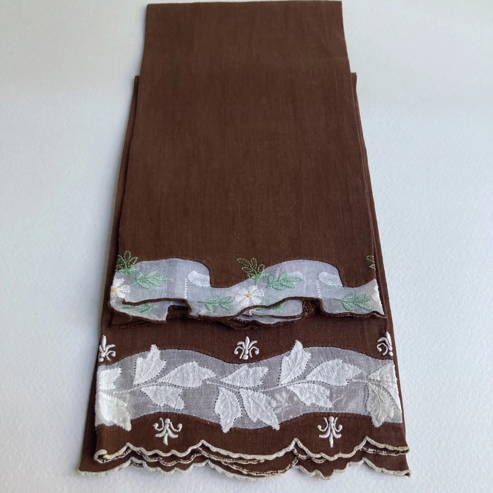 Set of 2 Scalloped Cocoa & White Floral Embroidered Linen Tea Towels